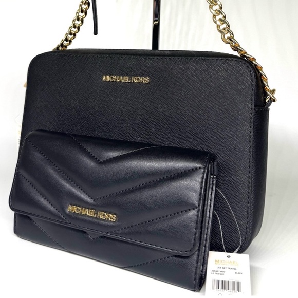 Michael Kors Large Logo Crossbody Bag & Matching Quilted Trifold Wallet Black - Picture 1 of 11